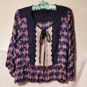 ANGIE  Blue, Pink w White Lace Boho, Peasant Crop hi/lo Blouse/Top - Sz S EPC